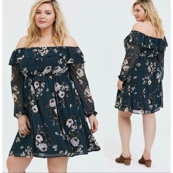 torrid Dresses & Skirts - Torrid Chiffon Hunter Green Floral On/Off Shoulder Skater Mini Dress Size 1X